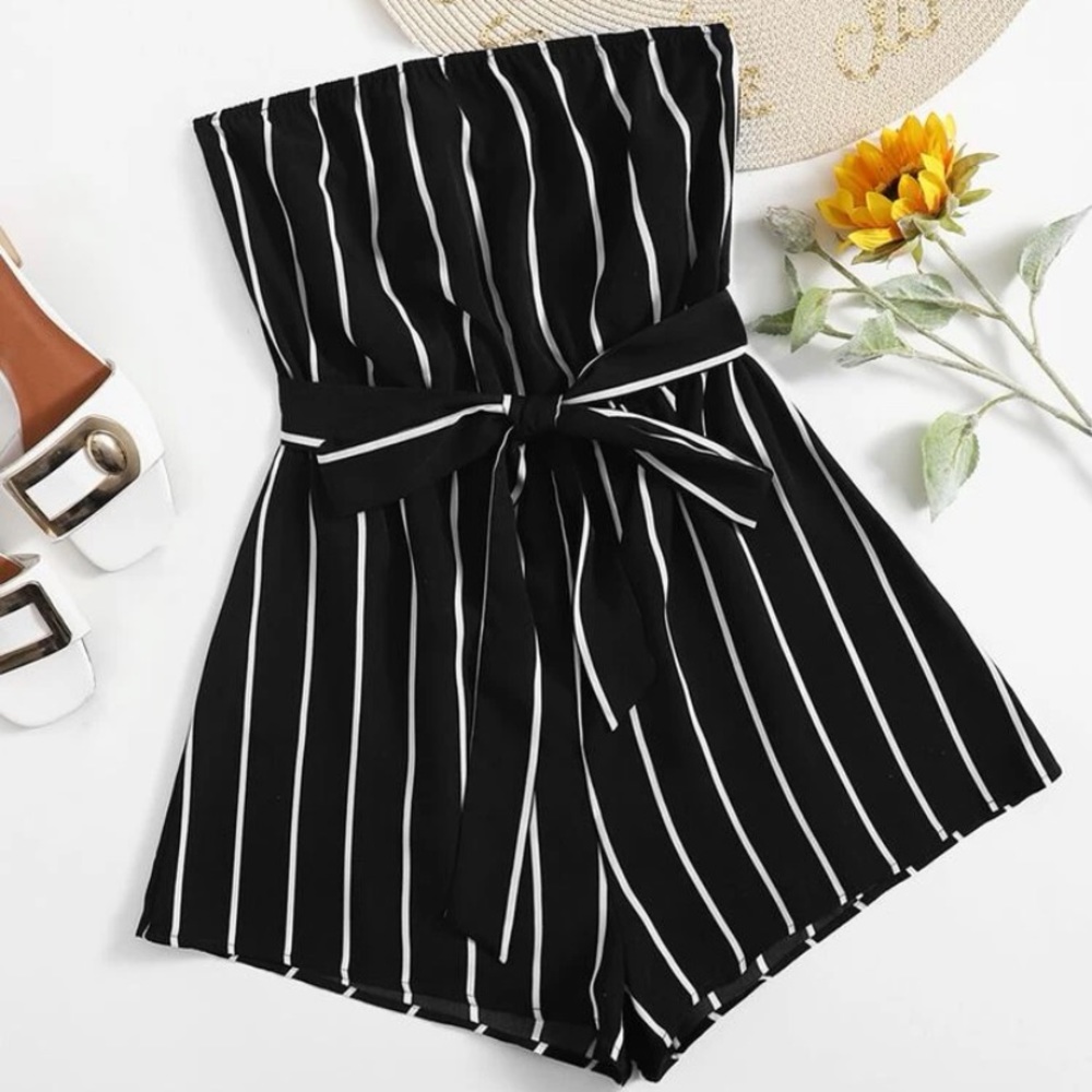 “SELF BELTED STRIPED ROMPER”